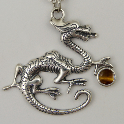 Sterling Silver Sage Dragon Pendant With Tiger Eye